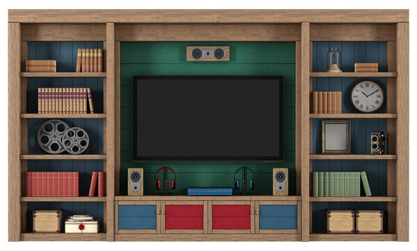 Stylish vintage wooden entertainment center featuring a blank tv screen, books, and decor isolated on white - 3d rendering