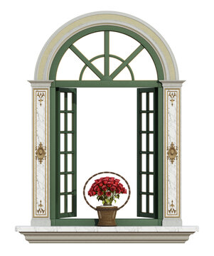 Sophisticated window design with green shutters and ornate decoration, featuring a basket of vivid red flowers isolated on white - 3d rendering