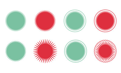 Set of vector stars, sun rays icons without outline and with outline, soft angles. Colored on white. Simple vintage flat style labels, stickers. Design elements. 