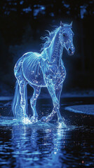 The haunting figure of a skeletal horse, trotting along a river that flows with luminous indigo, its mane and tail flickering with spectral flames