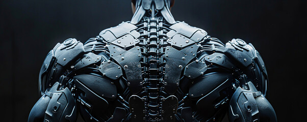 The back of a human torso, muscles blending into metallic plates and hydraulic spines, highlighted in a serene studio light - obrazy, fototapety, plakaty
