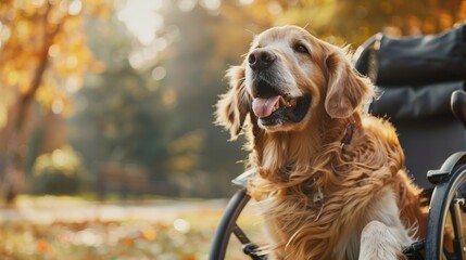 Assistance dog in a wheelchair enjoying autumn park. Golden retriever with disability aid device. - obrazy, fototapety, plakaty