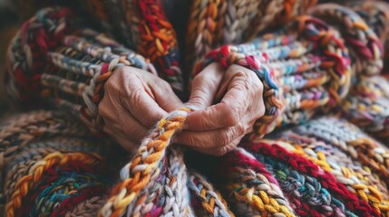 A close up of an elderly person's hands knitting a colorful scarf. - obrazy, fototapety, plakaty