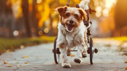 Cheerful dog in a wheelchair during a beautiful autumn evening