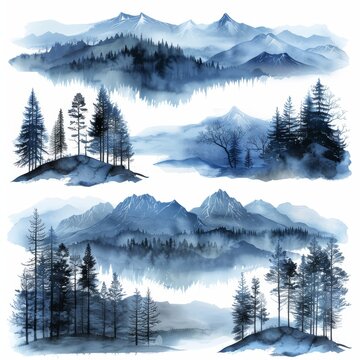 Hand-painted watercolor illustrations of mountains, hills, and forest in Siberia, Canada, and Finland.
