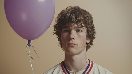 Young man in a sports jersey, intense as a purple balloon hits, set against a subtle beige background