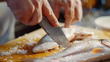 A chef is preparing a fish for cooking. - obrazy, fototapety, plakaty