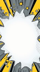 Gray background with a white blank space in the middle depicting a cartoon explosion with yellow rays and stars. The style is comic book