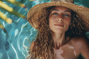 A beautiful woman with long hair is on the pool. Summer vibes. AI Generated