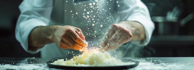 A chef is sprinkling grated cheese over a plate of pasta.