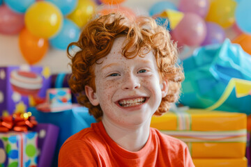 Portrait of redhead boy with freckles on his face at birthday party
