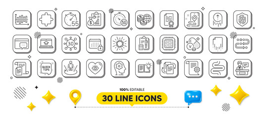 Technical documentation, Exhibitors and Fingerprint line icons pack. 3d design elements. Methodology, Puzzle, Product knowledge web icon. Seo message, World money, Diagram chart pictogram. Vector