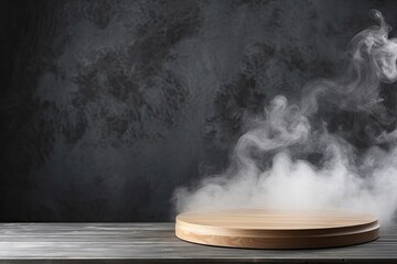gray background with a wooden table and smoke. Space for product presentation, studio shot, photorealistic, high resolution image