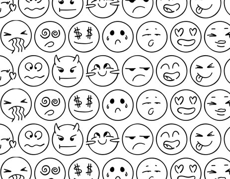 Pattern doodle emotions emoji. Doodle of cute emotions on a white background. Vector illustration. A pack of different emoticon expressions