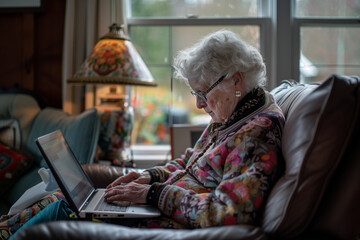 Elderly Woman with Glasses Having Online Appointment with Doctor from Living Room Sofa.