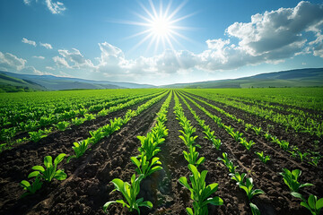 Young Green Plants in Rows Under Sunny Sky