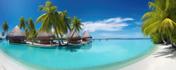 Dreamy tropical destination with pristine white sand, palm-lined shores, and sunbeds by the turquoise sea..