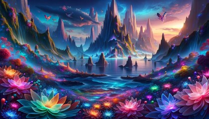 A fantasy landscape integrating mystical ocean, mountains, and flowers - obrazy, fototapety, plakaty