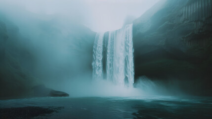 Misty morning shot of waterfall with fog in nature landscape