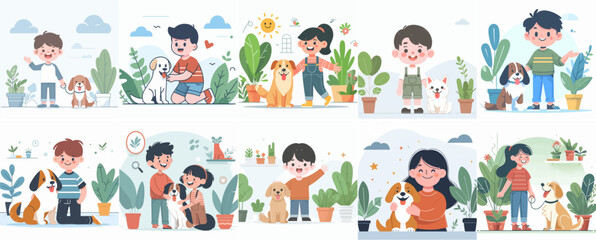 Vector set of happy people with dogs in flat design style