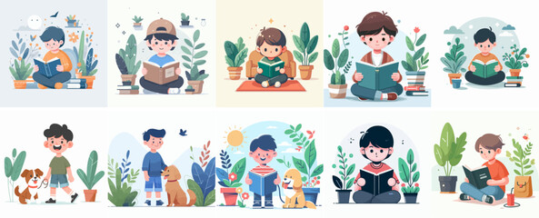 Vector set of kid reading a book with flat design style and plant background