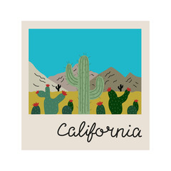 Desert with green blooming cacti picture, California photo picture, vintage Travel Posters