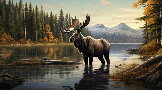 Majestic moose standing at the edge of a tranquil forest lake, its impressive antlers reflected in the still water, a symbol of strength and grace.