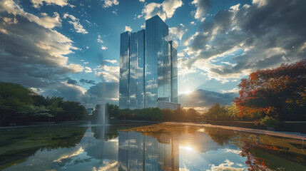 The fusion of modern architecture and natural beauty, featuring a glass skyscraper whose reflective surface mirrors the sky and clouds, blending seamlessly with its surroundings. Generative AI.