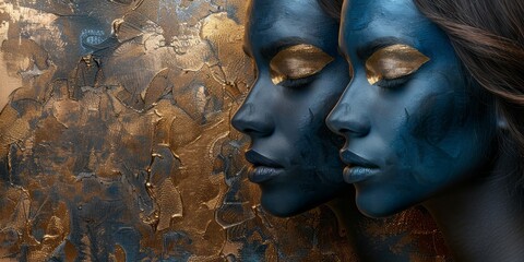 Beautiful woman with black cosmetic mask on her face and golden background