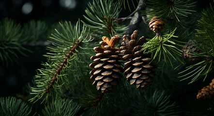 a pine cone is hanging from a tree branch with needles and needles on it, and a dark background
