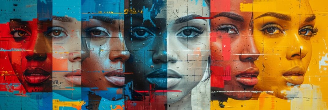 Collage of portraits of women with different nationalities painted on the wall
