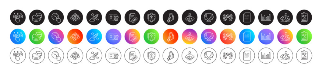 Fototapeta premium Startup rocket, Time management and Engineering documentation line icons. Round icon gradient buttons. Pack of Teamwork, Report, Fake news icon. Document, Correct checkbox, Pie chart pictogram. Vector