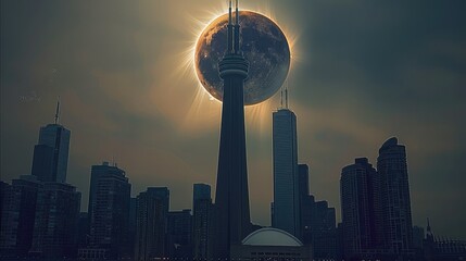 Naklejka premium Solar eclipse over tower at city. Generative AI.