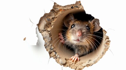A mouse stuck its head through a hole in a white background wall.