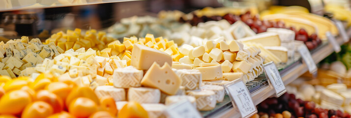 Fototapeta premium An array of various cheeses neatly arranged in a market, showcasing different textures and colors