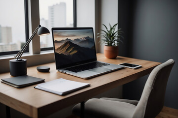 Stilvoller und produktiver Arbeitsbereich mit minimalistischem Schreibtisch, Laptop und moderner Schreibtischlampe