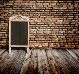 Interior scene with brick wall, wooden floor, advertising billboard in retro style chalkboard in wooden frame. Open space with old wall, wooden floor, cafe menu or pointer board. 3d render