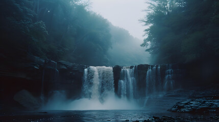 Misty morning shot of waterfall with fog in nature landscape