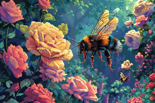 Craft a whimsical and enchanting depiction of a bees exploration in a garden filled with dreamy roses using a mix of pixel art and vector techniques Emphasize the bees tiny size against the bold, pixe