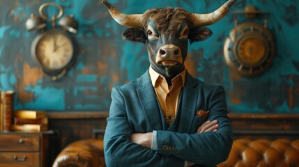 A businessman with a bull's head in a business suit and tie, wearing glasses on a blurred background. Wolf character - obrazy, fototapety, plakaty