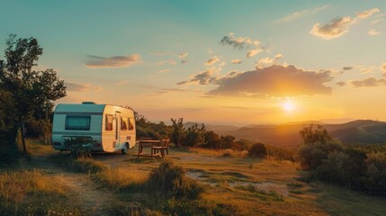 Scenic mobile home parked in the mountains during a colorful summer sunset