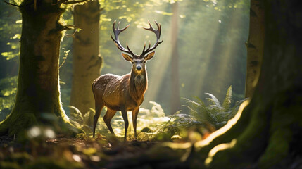 Magnificent stag with impressive antlers standing proudly in a sun-dappled clearing, a symbol of strength and beauty.