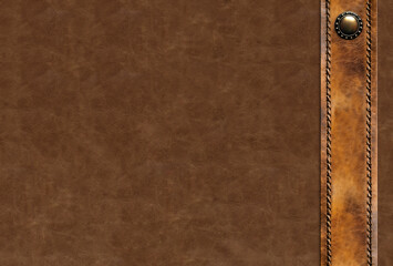 Horizontal or vertical leather background of brown colors and decorative belt with braided edging and metal rivet. Decorative backdrop with cowhide texture and braided edge. Copy space for text