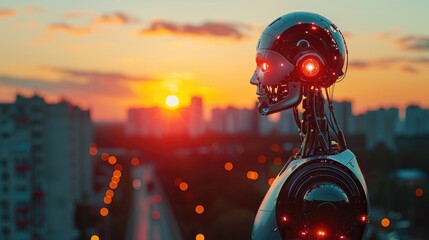 cyborg robot on the background of a city landscape with copy space. Futuristic concept of the development of technology and artificial intelligence among human civilization - obrazy, fototapety, plakaty