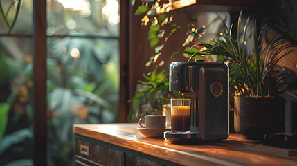 A coffee maker sits by a window on a wooden counter - obrazy, fototapety, plakaty