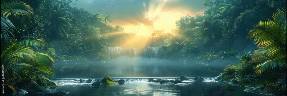 Poster jungle along the amazon river, dense forest, streams, rivers, mountainous terrain and a large rift i