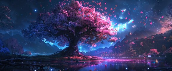 A beautiful and tall tree with pink leaves stood in the center, with an anime character in the style of blue light falling on it from above. - obrazy, fototapety, plakaty