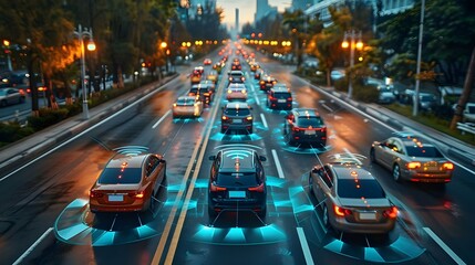 Fototapeta na wymiar Synced City Drive: Autonomous Cars in Digital Harmony. Concept Innovative Technology, Smart Infrastructure, Autonomous Vehicles, Urban Mobility, Digital Integration