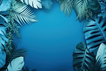 Fototapeta na wymiar Blue frame background, tropical leaves and plants around the blue rectangle in the middle of the photo with space for text