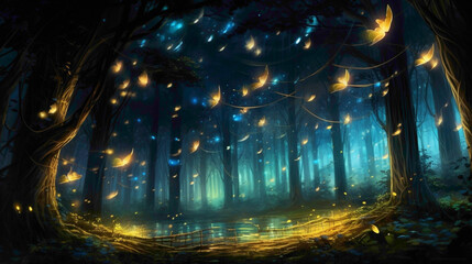 Luminous fireflies creating a magical spectacle in the moonlit forest, their gentle glow illuminating the darkness. - obrazy, fototapety, plakaty